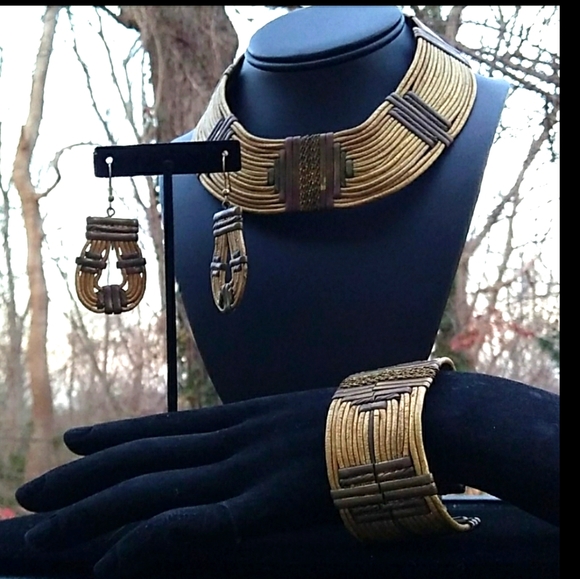 ❌️SOLD❌️ VINTAGE Boho Gold Gilt MultiCord MixedMetal Parure - Picture 15 of 16